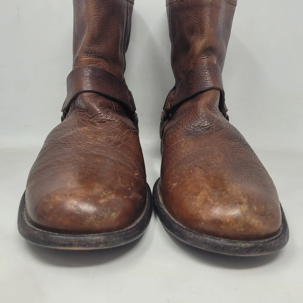 Frye Boots 12D Brown Leather Phillip Harness Short Moto Engineer Distressed Zip